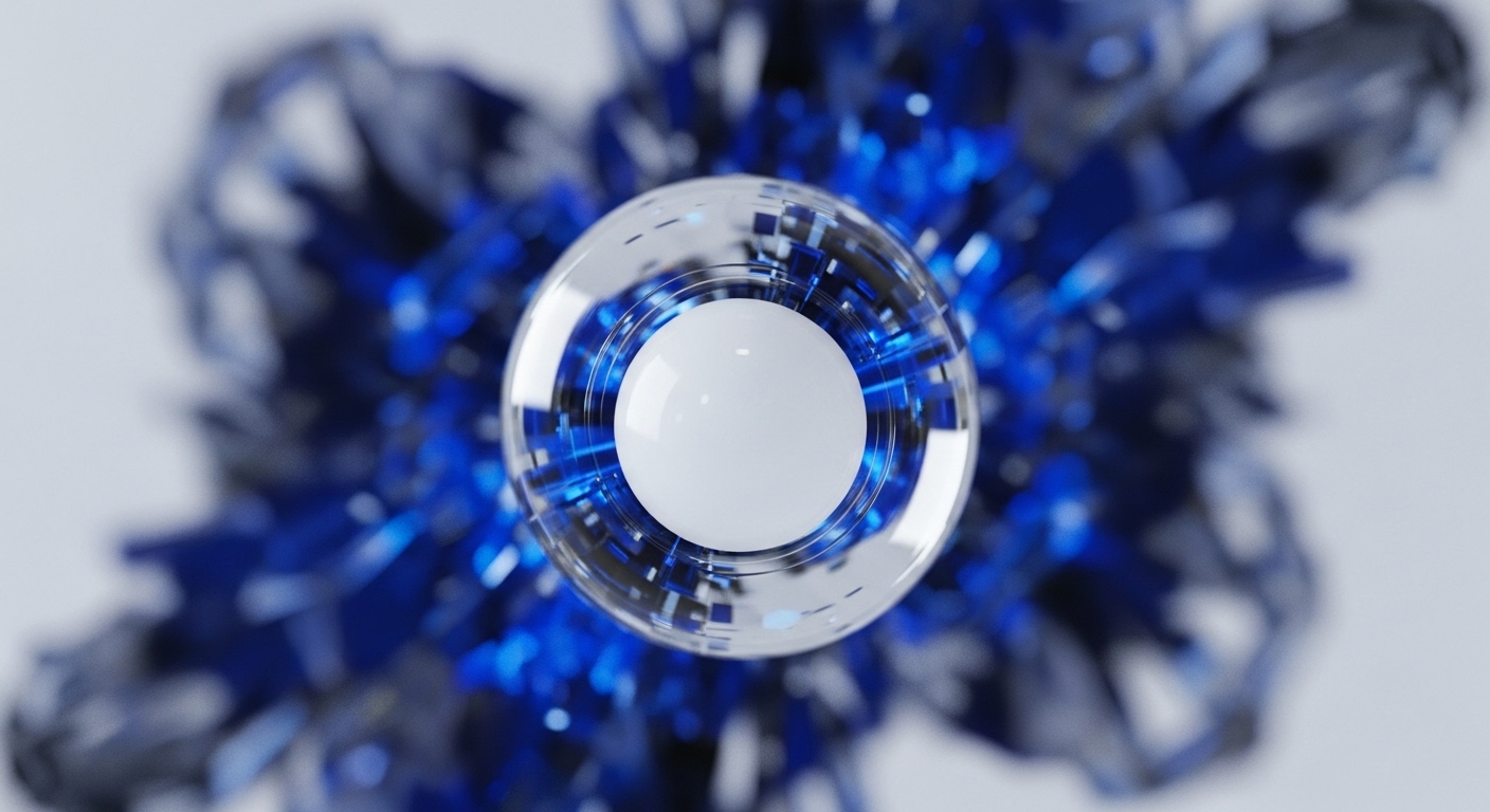 A central, glowing white sphere is suspended within a clear, geometrically complex sphere, its surface displaying fragmented blue digital elements. This core is enveloped by an explosion of sharp, crystalline blue structures, creating a sense of energetic output and intricate connectivity