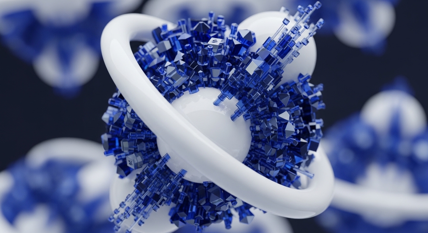 A central white sphere is encircled by a smooth white torus, intricately decorated with sharp, translucent blue crystalline structures. These angular formations extend outwards, resembling data fragments or cryptographic primitives