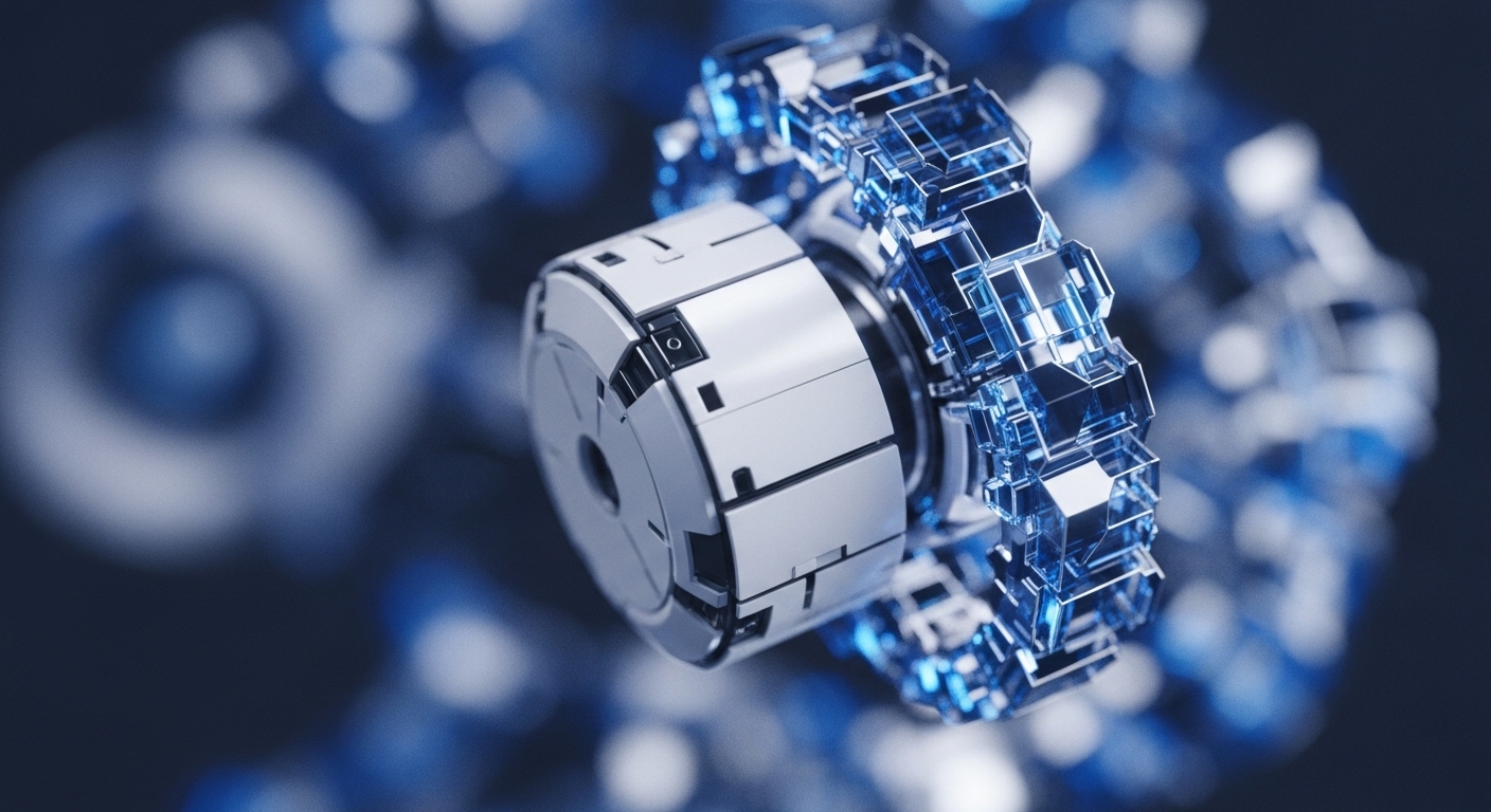 A polished metallic cylinder meshes with a luminous, blue crystalline structure forming an abstract gear. This imagery powerfully symbolizes the complex, interconnected mechanisms driving modern digital economies