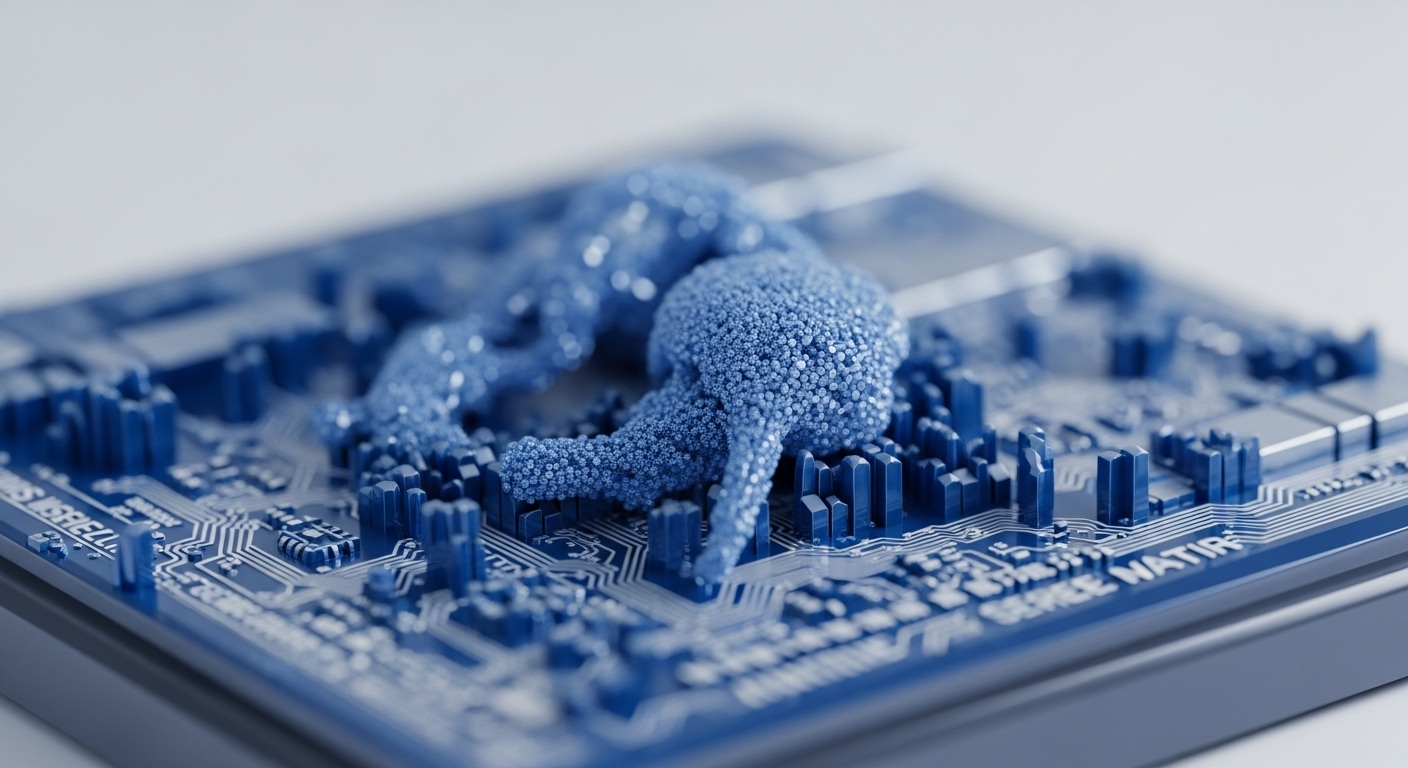 A dense, granular blue form is presented atop a detailed, blue circuit board, suggesting a digital birth. This abstract representation visualizes the core concepts of cryptocurrency and blockchain architecture