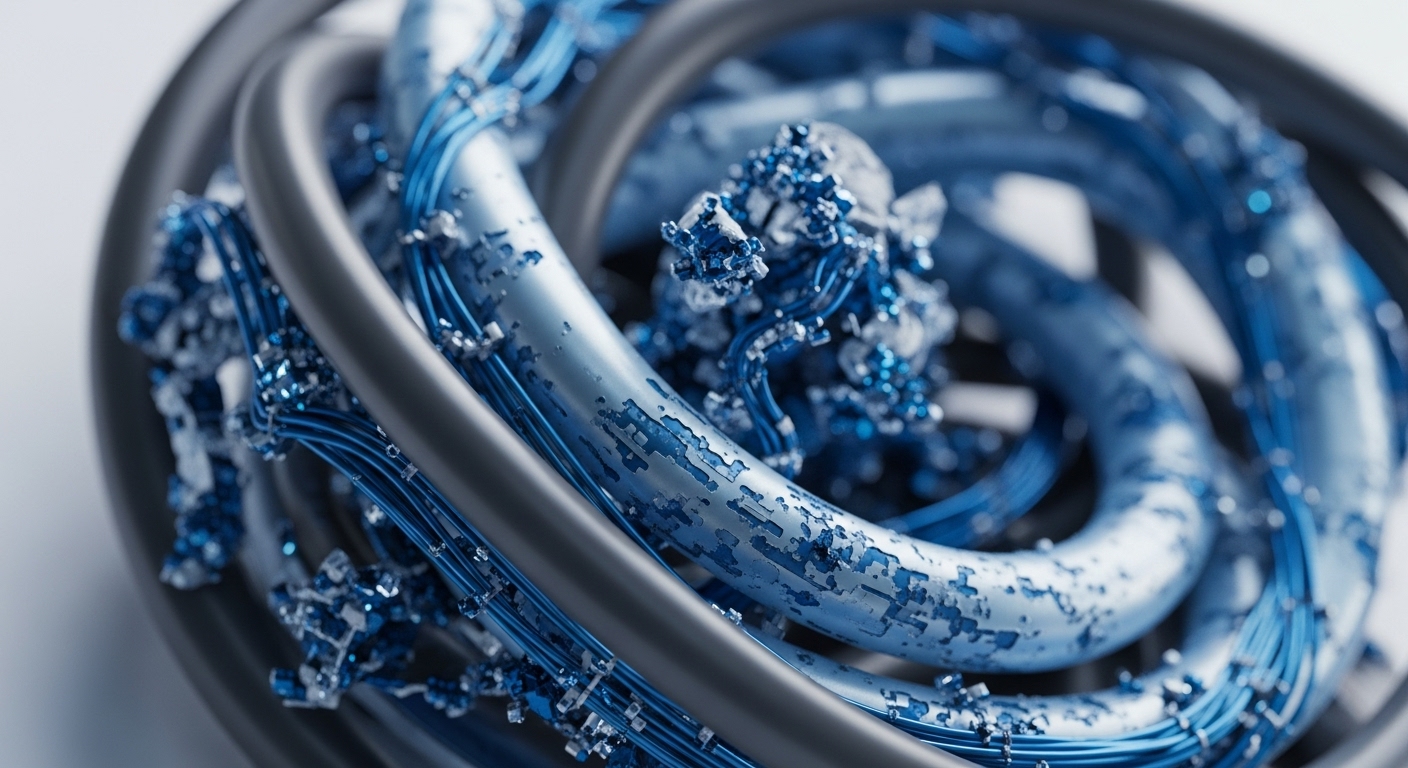 Metallic tubes and fine blue wires form an intricate, abstract entanglement, interspersed with sharp, crystalline blue growths. This composition visually represents the complex interconnectedness of modern digital economies, specifically highlighting the underlying infrastructure of blockchain technology