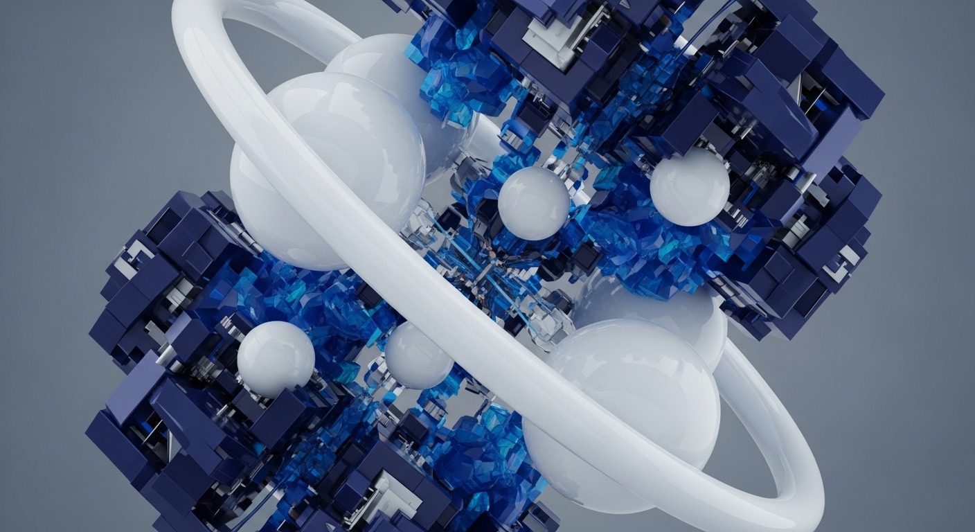 The artwork presents a sophisticated 3D render featuring a dense, multi-layered arrangement of dark blue cubic structures and translucent blue crystal formations. Several smooth, white spheres are integrated into the composition, with one prominent sphere enclosed by a sweeping white ring, suggesting a dynamic orbital or secure enclosure