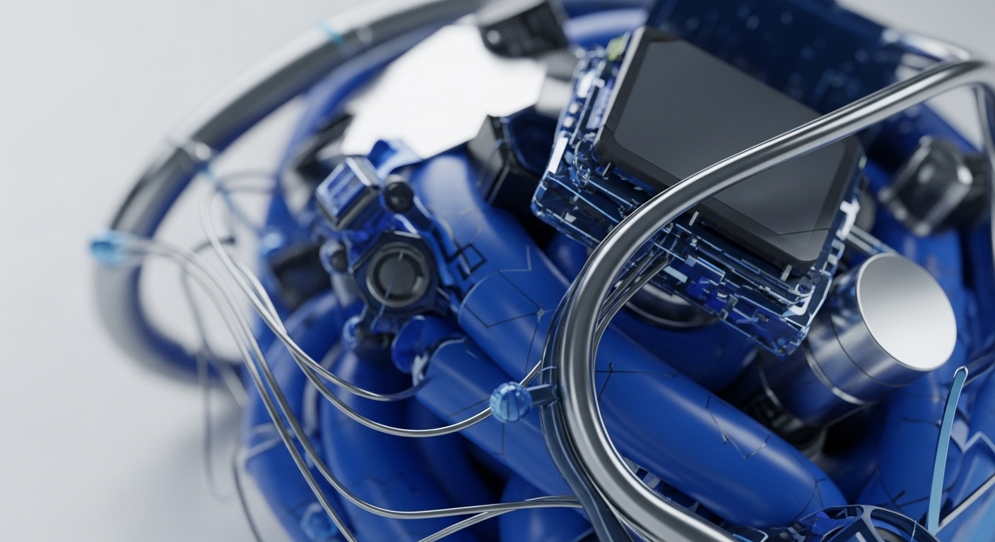 A close-up view reveals a dense arrangement of blue tubular elements and sleek metallic arcs, all converging around a central dark processor. Thin wires thread through the structure, connecting various nodes and components, mirroring the complex interdependencies within a cryptocurrency network