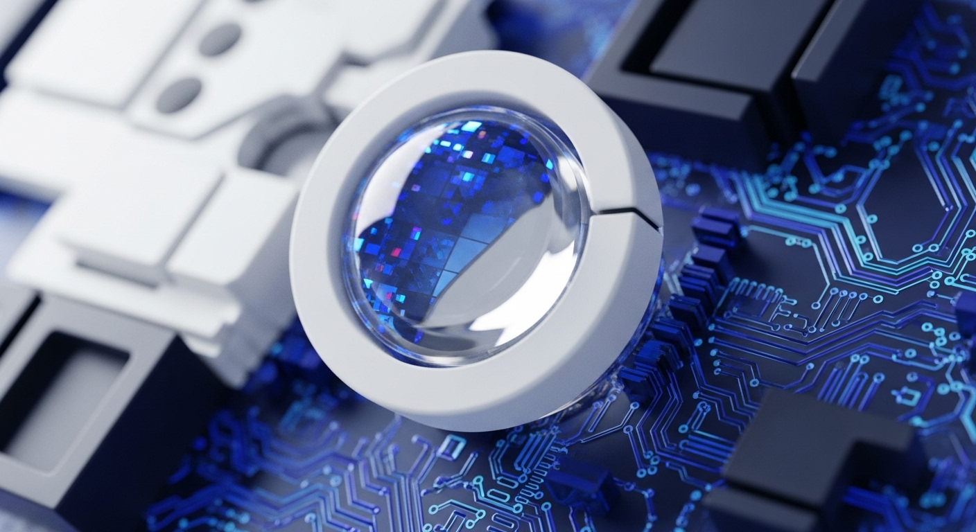 A close-up reveals a multifaceted crystalline lens reflecting a pattern of bright blue digital squares, positioned on a dark, intricately detailed circuit board with glowing blue pathways. This composition visually encapsulates the abstract nature of cryptocurrency and its underlying blockchain architecture