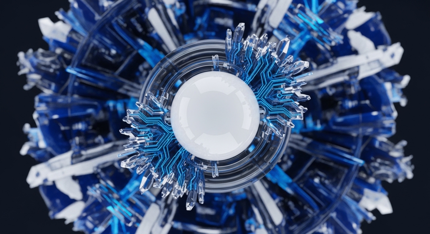 A radiant white orb sits at the heart of a complex, multi-layered structure featuring sharp, translucent crystal formations and glowing blue circuit pathways. This abstract representation delves into the intricate workings of the blockchain ecosystem, highlighting the interplay between core cryptographic principles and the emergent properties of decentralized networks