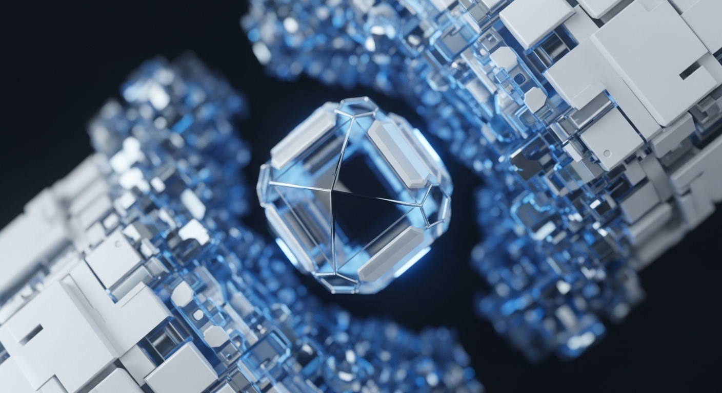 A complex, multi-faceted crystalline object with internal blue luminescence is at the center, surrounded by interlocking white and blue cubic structures. This visual metaphor powerfully illustrates the core principles of blockchain technology and cryptocurrency ecosystems