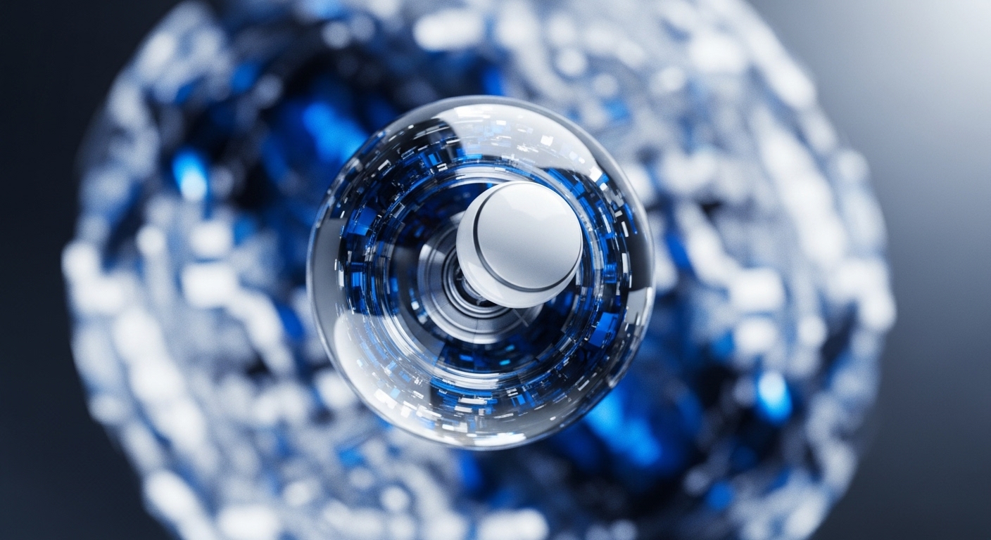 The image displays a luminous, transparent sphere containing a sophisticated, layered mechanical core with a pristine white sphere at its center. This detailed visualization captures the essence of advanced blockchain technology, representing the intricate workings of decentralized systems