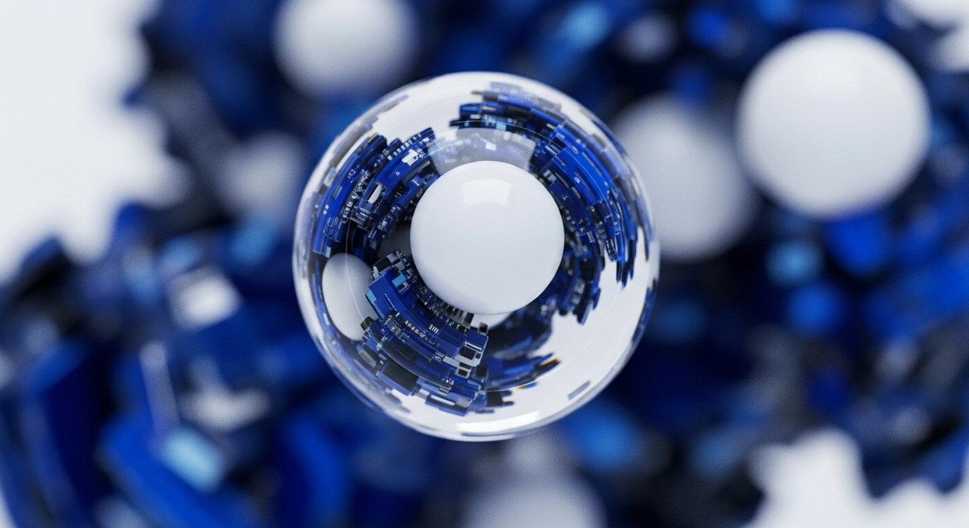 A translucent sphere showcases intricate, layered circuitry resembling a digital ecosystem. Within this sphere, a central white orb is suspended, reflecting the complex, interconnected data structures of a blockchain. The surrounding environment features blurred, abstract blue forms, suggesting a vast network of nodes and decentralized protocols. This visual metaphor embodies the encapsulation of cryptographic principles and the emergent properties of distributed ledger technology, hinting at the underlying architecture of crypto assets and smart contract execution.