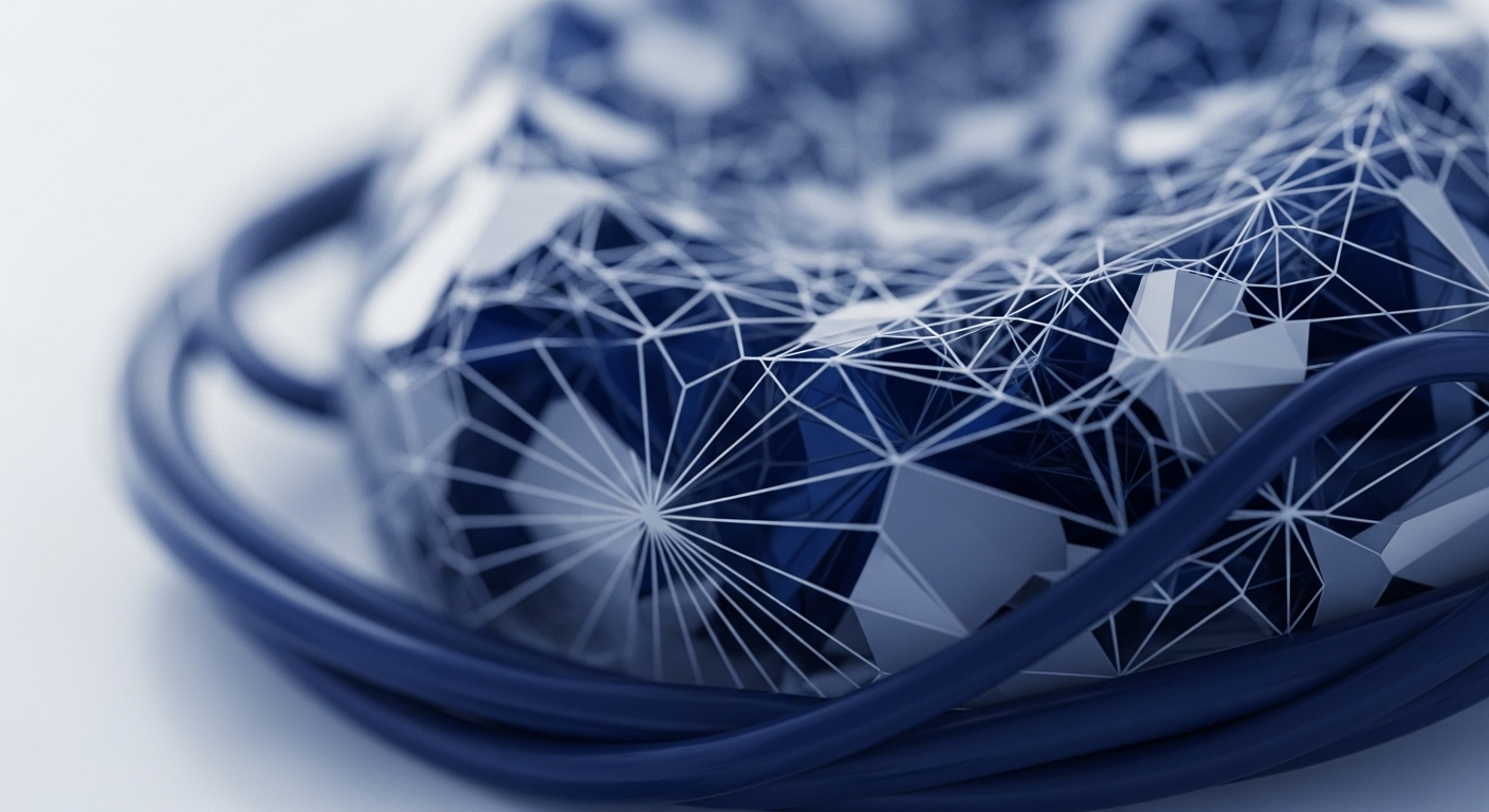 The image displays a highly detailed, abstract geometric form with a white polygonal mesh overlaying deep blue facets. This structure is partially encircled by thick, dark blue cables, suggesting a physical connection to a digital construct