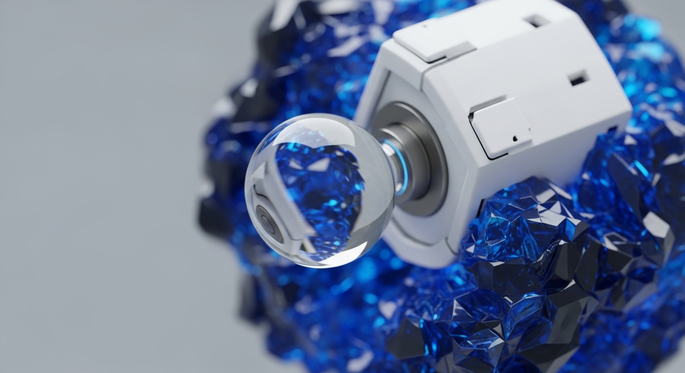 A stark white geometric module, housing a clear spherical lens, is embedded within a vibrant, sharp-edged blue crystalline formation. The sphere's surface refracts the surrounding crystalline structures, revealing a complex, faceted internal geometry