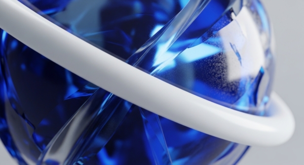 A multifaceted blue crystalline structure with sharp facets and internal light refraction is partially encircled by a smooth white torus. This visual metaphor represents the complex and often abstract nature of decentralized finance and digital asset ecosystems. The crystalline form suggests the intricate architecture of blockchain ledgers and smart contract execution, while the torus symbolizes the continuous flow and interconnectedness of crypto assets within a distributed network. The interplay of light and shadow within the blue structure hints at the transparency and security inherent in cryptographic protocols, emphasizing the underlying technological framework of cryptocurrencies.