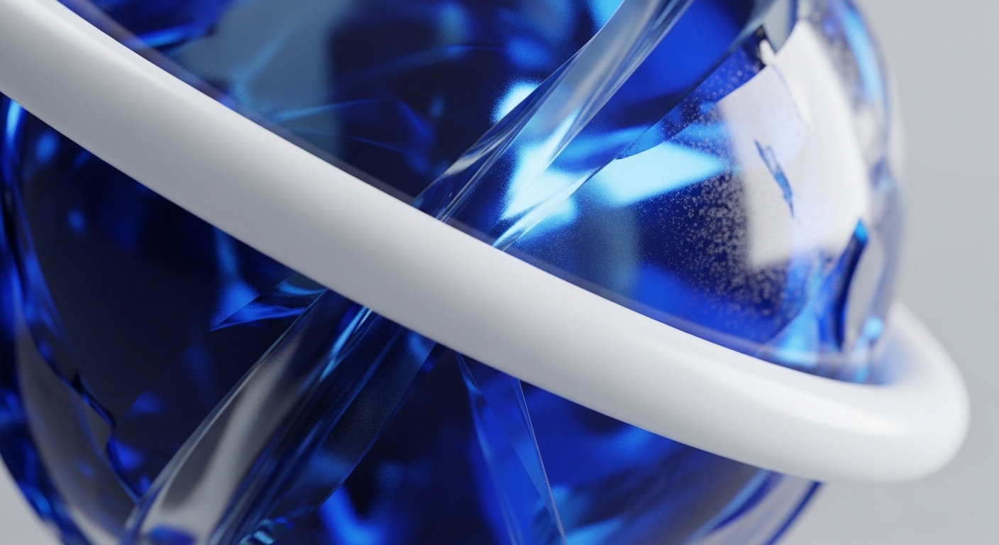 A close-up view showcases a luminous blue crystalline object with angular, fractured surfaces, intersected by a clean, unbroken white ring. This imagery evokes the abstract principles and sophisticated mechanisms governing the cryptocurrency landscape