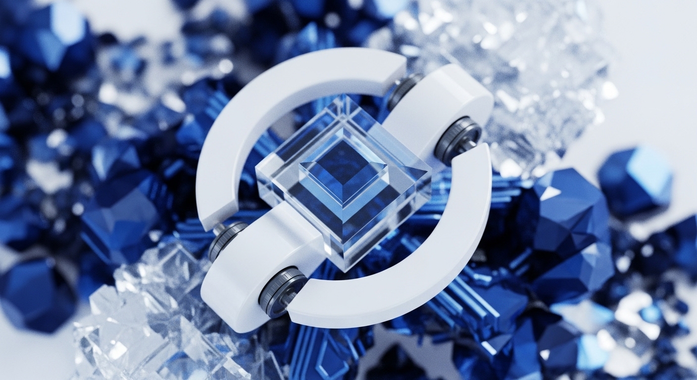 A central, faceted blue cubic crystal is held within a white, abstract ring mechanism featuring metallic fasteners, surrounded by a dense cluster of sharp blue and clear crystalline shards. This abstract representation symbolizes the intricate interplay of elements within the cryptocurrency ecosystem