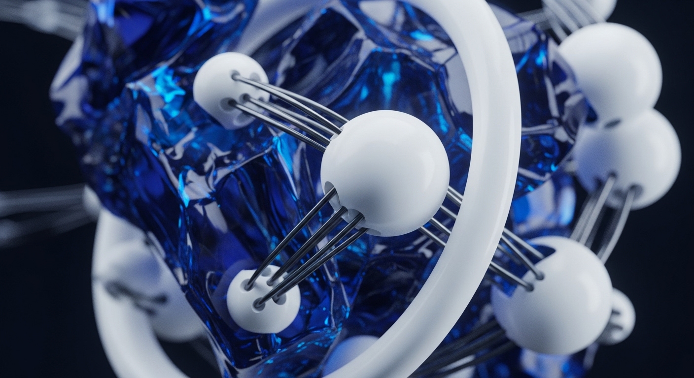Interconnected white spheres, reminiscent of network nodes, are linked by metallic filaments against a backdrop of a shimmering, crystalline blue matrix. This visual metaphor represents the fundamental architecture of blockchain technology, where individual nodes communicate and synchronize to maintain a distributed ledger