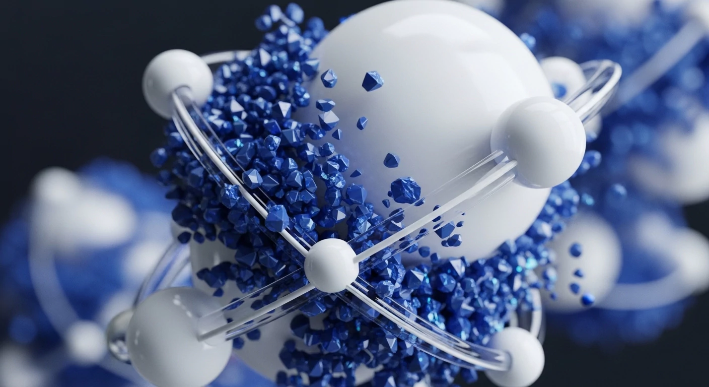 Abstract white spheres and connecting translucent rings form a molecular structure, interspersed with numerous sharp, blue crystalline fragments. This composition visually interprets the core architecture of decentralized systems and digital assets