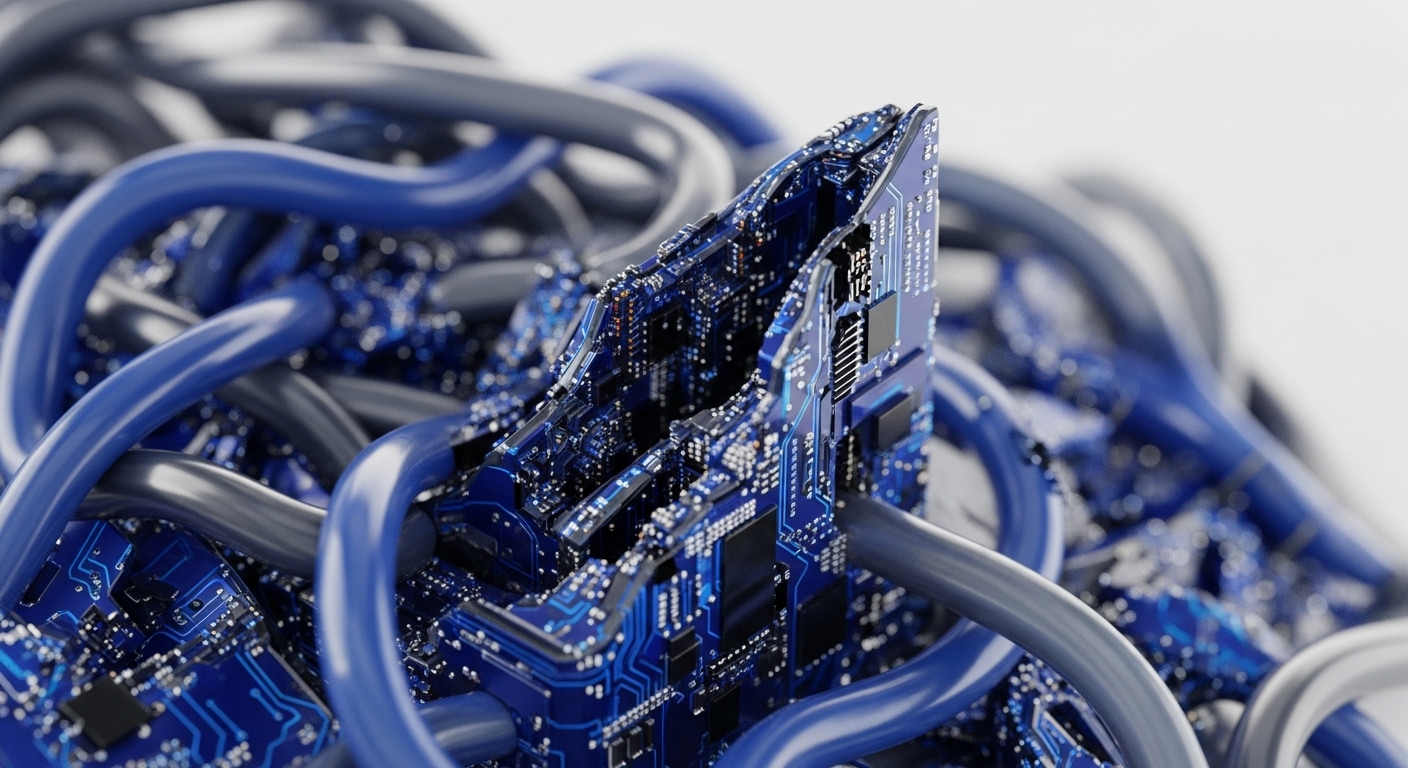 A close-up view reveals a chaotic yet organized mass of blue and gray cables interwoven with a shattered electronic circuit board. This abstract composition visually articulates the complex interplay within the cryptocurrency landscape, highlighting the interconnectedness of digital assets and the underlying blockchain technology