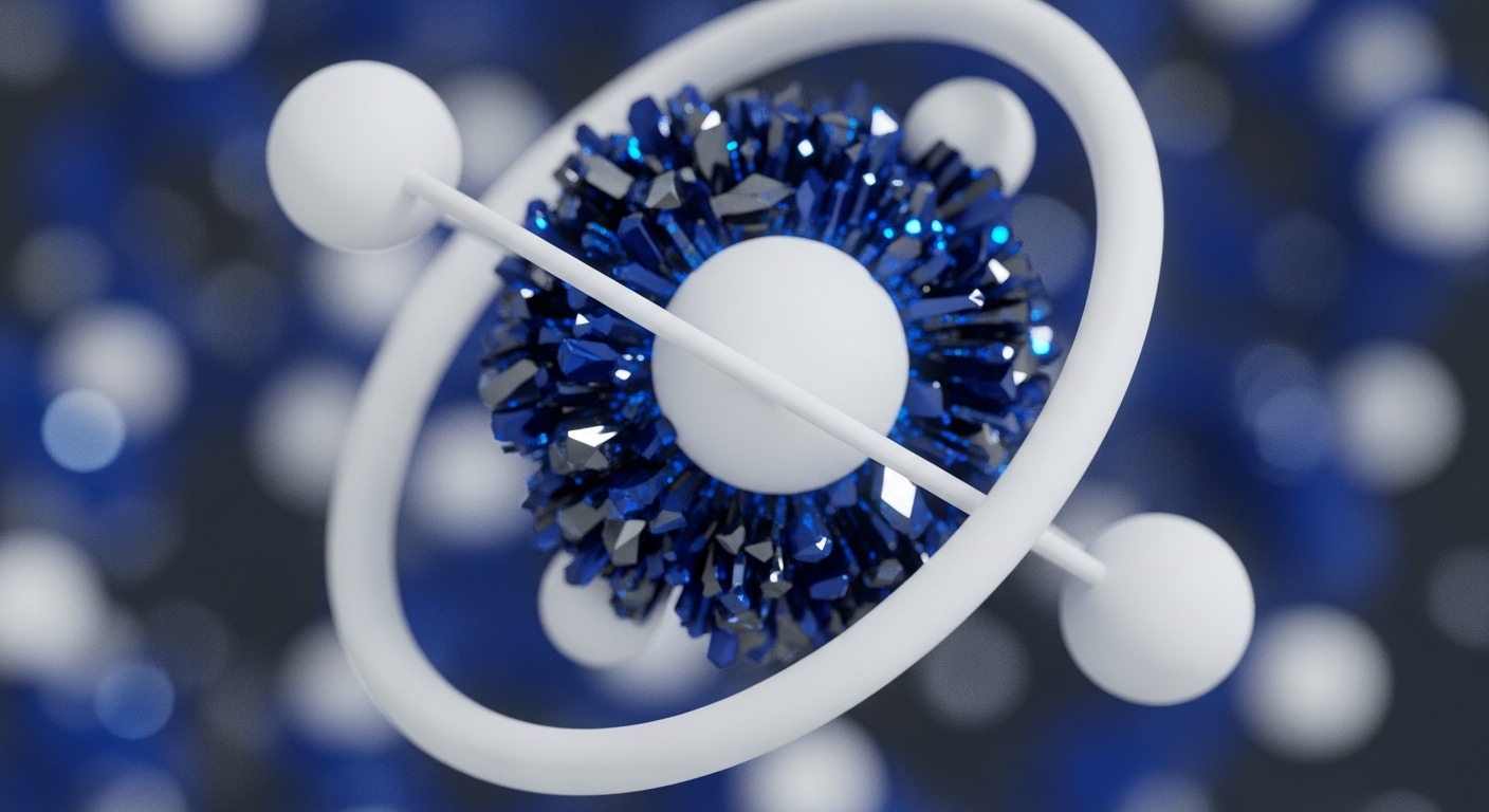 The image depicts a stylized representation of a decentralized network's central processing unit. A radiant, multifaceted sapphire-blue crystal forms the core, surrounded by a white orbital ring and intersected by a white rod connecting two white spheres, suggestive of nodes or validator entities
