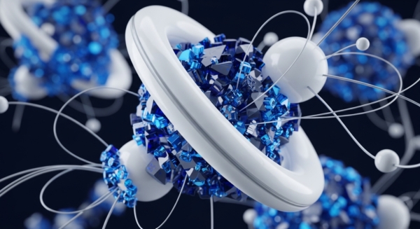This abstract visualization depicts a complex, interconnected structure resembling atomic particles and orbital paths, rendered in deep blues and pristine whites. Crystalline blue shards form the core of these entities, surrounded by smooth, toroidal white rings and delicate, wire-like tendrils connecting to smaller white spheres. This imagery can symbolize the intricate, multi-layered architecture of decentralized networks, the fundamental building blocks of distributed ledger technology, and the potential for seamless cross-chain interoperability through advanced consensus mechanisms and tokenized asset management. It evokes the decentralized nature of blockchain and the emergent properties of complex crypto ecosystems.
