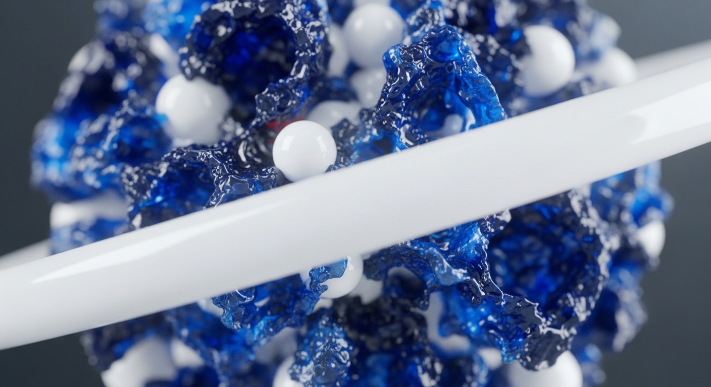 The composition features a dense cluster of bright blue, viscous material surrounding numerous white, orb-like structures, intersected by a smooth, wide white band. This visual metaphor delves into the conceptual underpinnings of cryptocurrency and blockchain technology