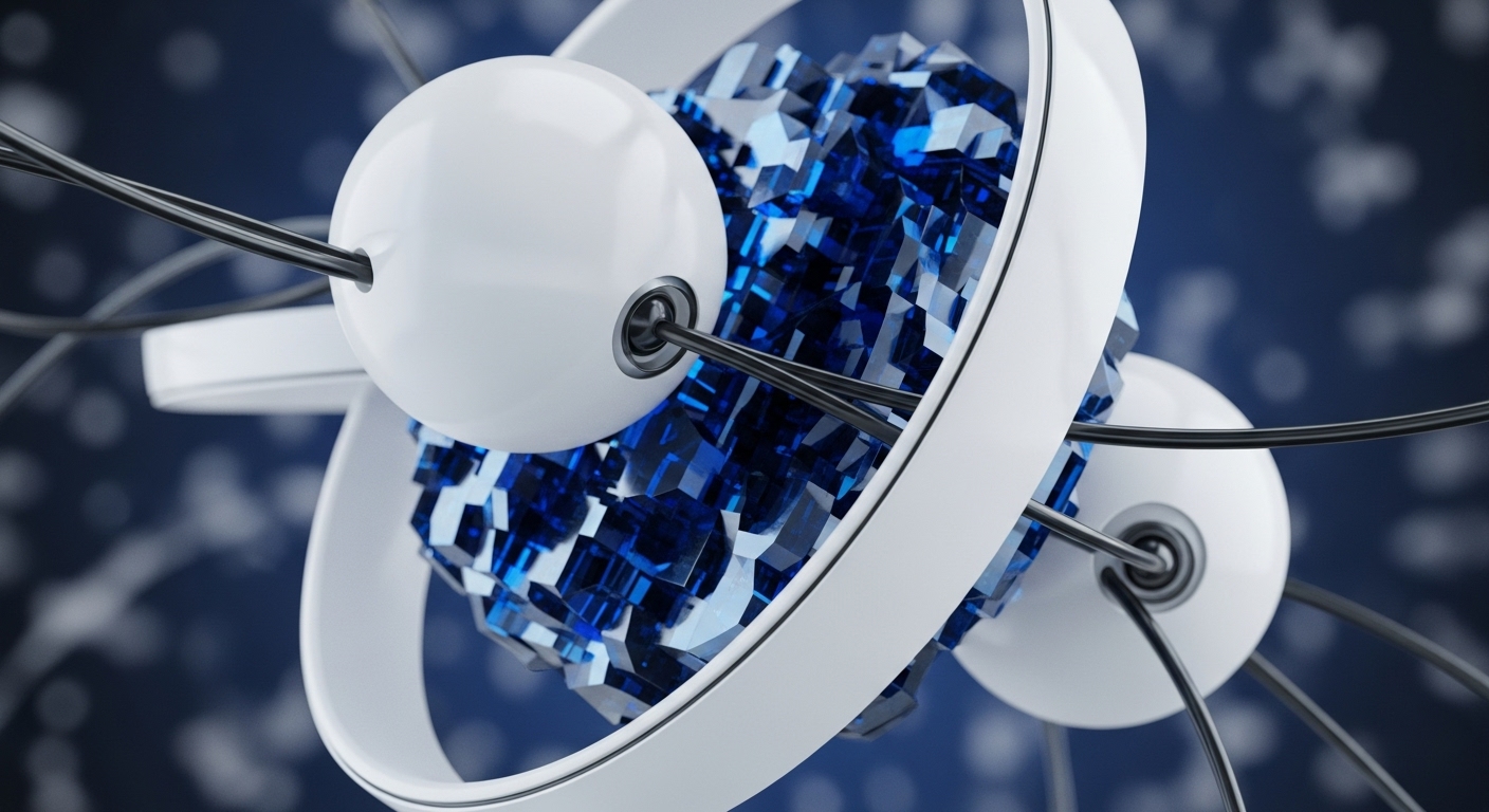 A central cluster of sharp, blue crystalline structures forms the core of this abstract composition, symbolizing the data blocks and cryptographic integrity within a blockchain. Surrounding this core are pristine white spheres, interconnected by slender, dark cables, illustrating the distributed nodes and network pathways of a cryptocurrency ecosystem