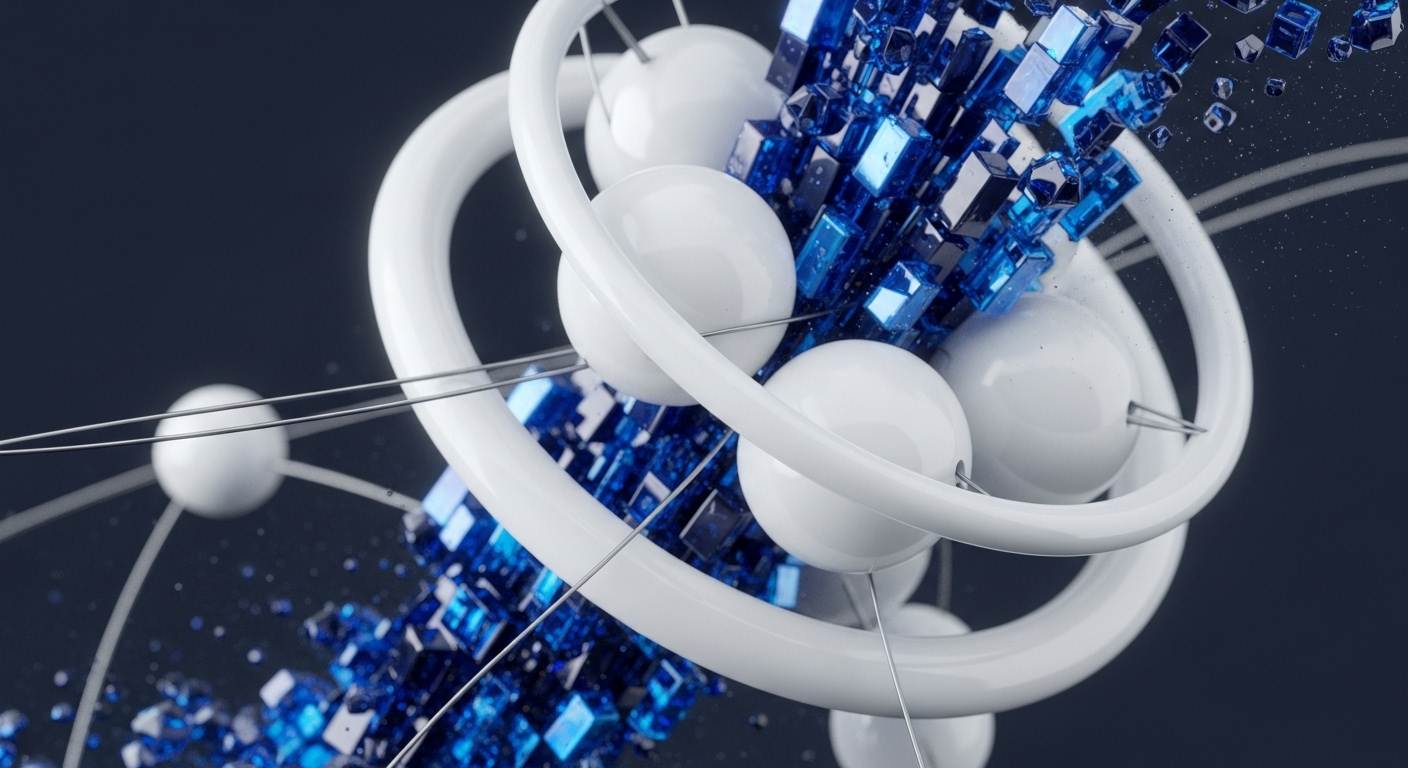 Luminous white spheres are suspended around a dense cluster of sharp, iridescent blue cubes, connected by fine, silvery lines. This abstract composition visualizes the underlying architecture of decentralized systems