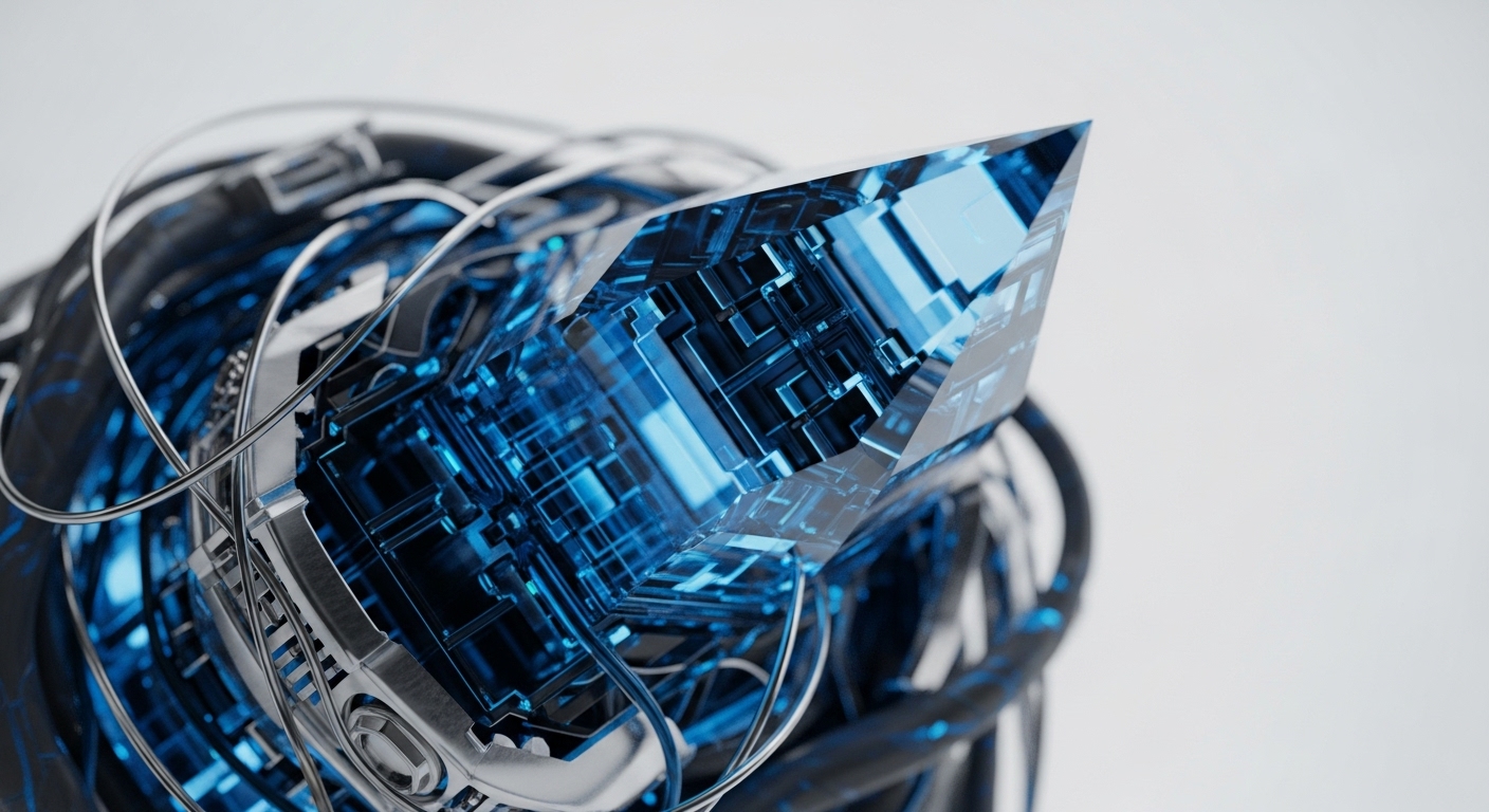 A luminous blue crystal, intricately patterned with circuit-like designs, is partially enveloped by a dynamic arrangement of metallic wires and structural components. This abstract representation visualizes the core of a decentralized digital asset system, possibly symbolizing a secured block within a blockchain or a critical node in a distributed network
