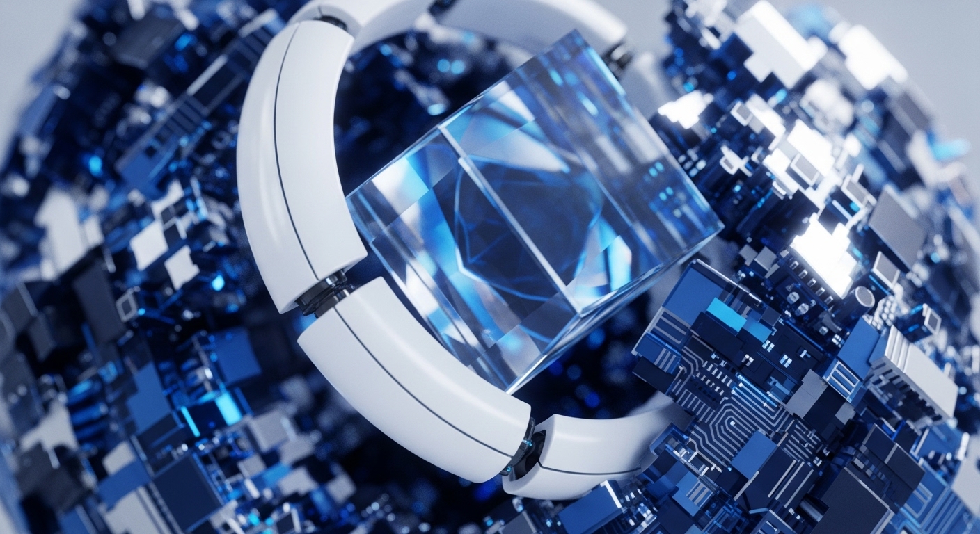 A multifaceted crystalline cube is centrally positioned, surrounded by an intricate network of blue and silver digital components and smooth, white connecting structures. This abstract composition symbolizes the convergence of advanced technologies, likely representing the foundational elements of blockchain architecture and the creation of novel digital assets