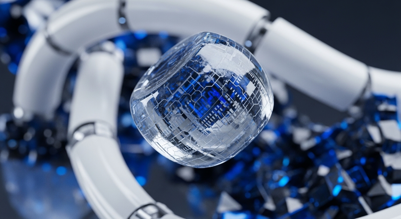 A clear, multifaceted cube, revealing a detailed microchip within its core, floats in a dynamic composition. Surrounding it are segmented white robotic arms and a scattering of sharp, blue crystalline fragments, illuminated by internal light