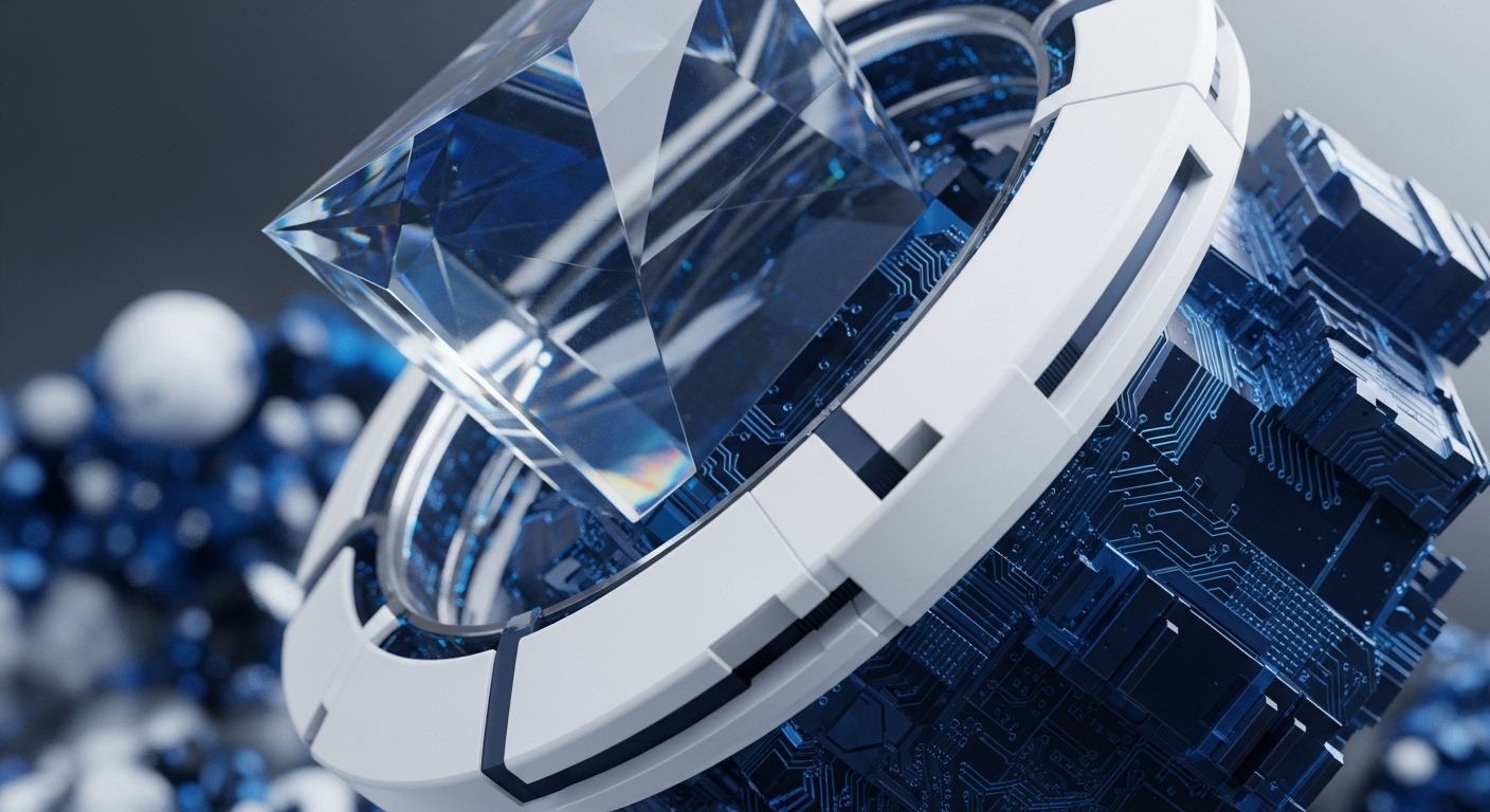 A sharp, multifaceted blue crystal, reminiscent of a diamond, is encased by a futuristic white and blue technological framework. This framework displays detailed circuit board designs, symbolizing the integration of advanced computational processes