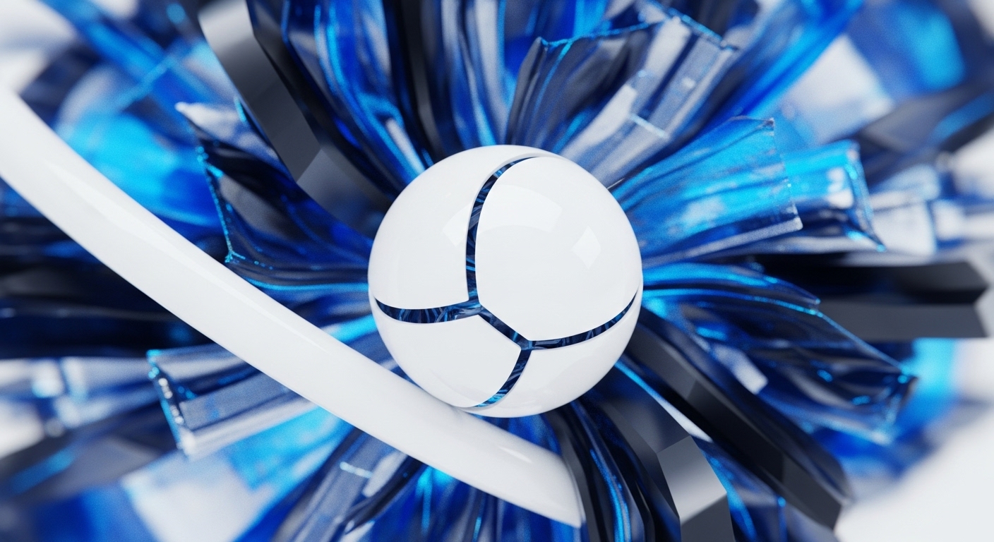 A central, polished white sphere with subtle blue internal divisions is surrounded by a dynamic explosion of iridescent blue and black metallic shards. A smooth, white curved rod passes through the foreground, intersecting the composition. This visual metaphor suggests the interconnectedness and complexity of decentralized ledger technology, where individual nodes, represented by the sphere, interact within a broader network. The abstract forms hint at cryptographic hashing, consensus mechanisms, and the emergent properties of distributed systems, potentially illustrating concepts like zero-knowledge proofs or secure multi-party computation within a blockchain architecture.