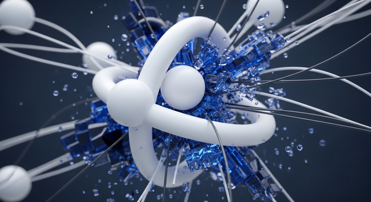 A central, intricate knot of white toroidal and spherical elements is surrounded by clusters of sharp, translucent blue crystals and fine, radiating lines in white and grey. Small, clear droplets are dispersed throughout the composition, adding a sense of dynamic motion