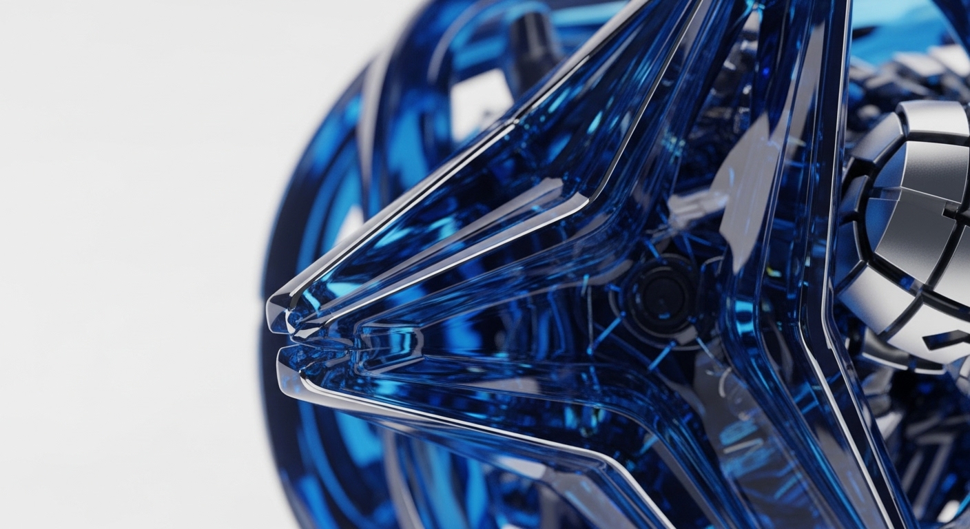 The image displays a stylized, star-shaped crystalline object rendered in brilliant blue, accented with metallic silver components. Its sharp, geometric facets and reflective surfaces create a sense of depth and complexity