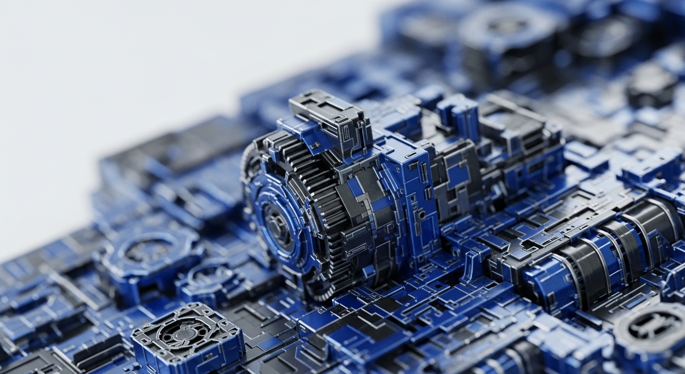 Intricate metallic components in shades of blue and black form a complex, layered structure reminiscent of advanced technological systems. This abstract representation visualizes the sophisticated architecture of decentralized networks, where interlocking parts symbolize the consensus algorithms and smart contract execution essential for blockchain operations