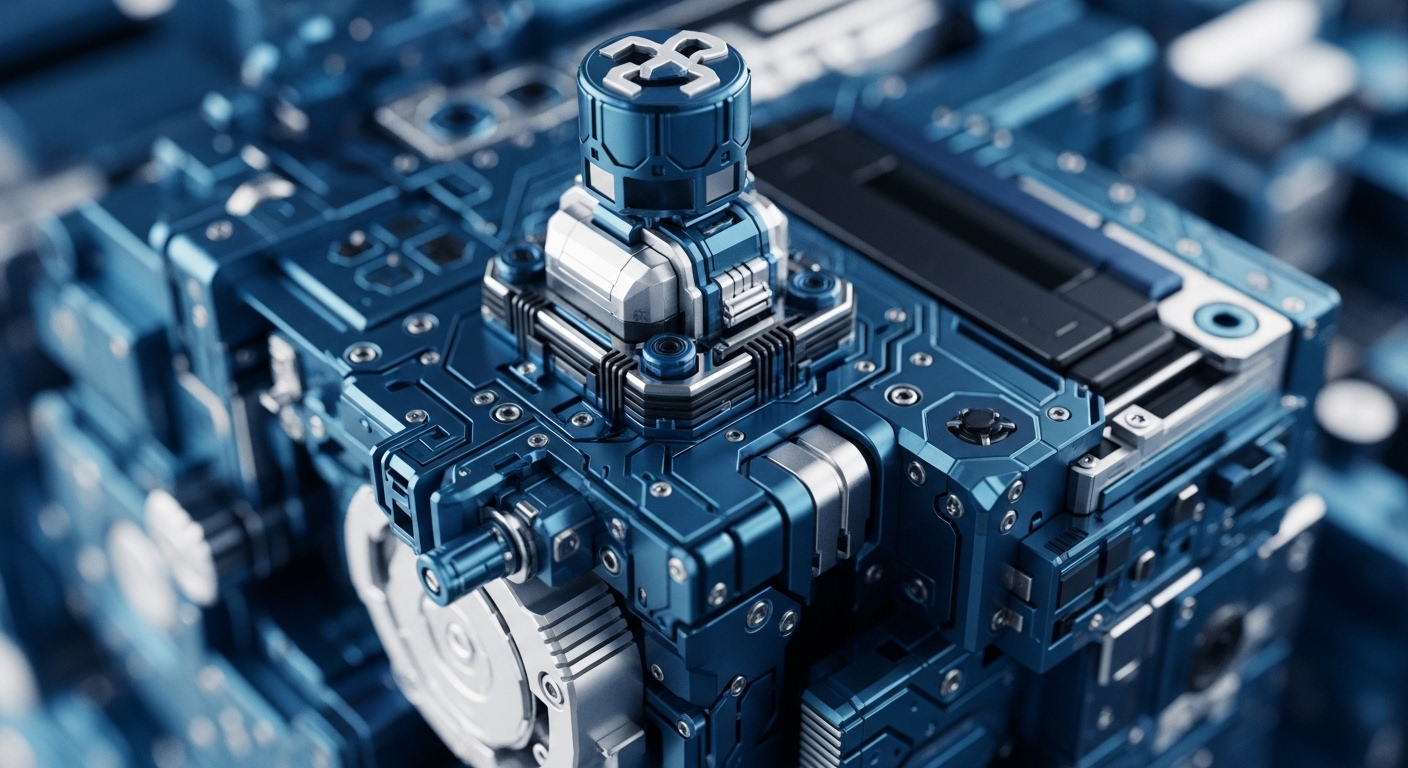 A close-up perspective reveals an intricate mechanical structure composed of metallic blue and silver components. The device features a central cylindrical element, numerous interlocking plates, visible gears, and precise screw fastenings across its surface