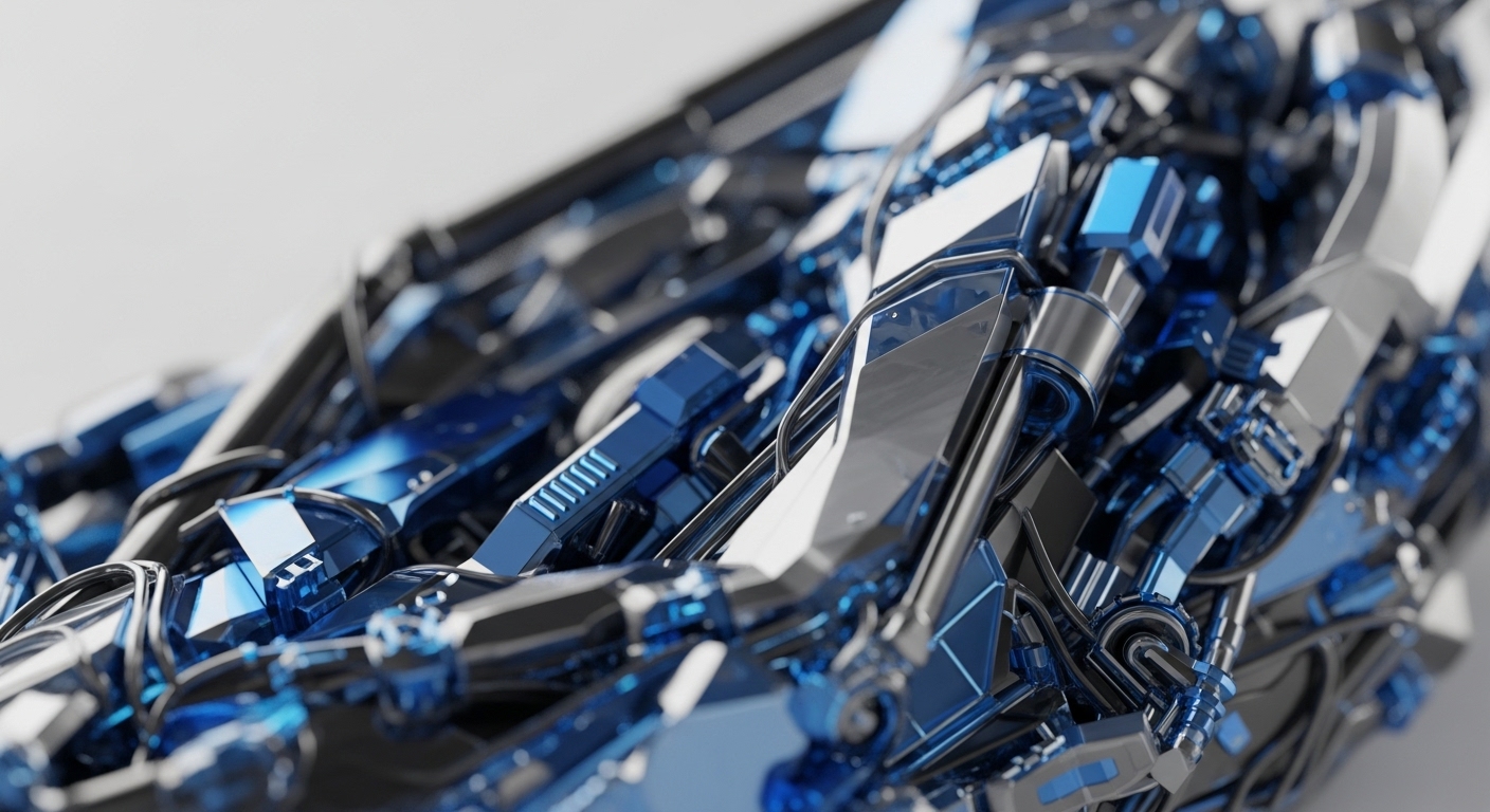 Gleaming metallic and translucent blue components form an elaborate, interconnected structure, hinting at advanced technological systems. This abstract representation powerfully symbolizes the underlying infrastructure of blockchain technology, emphasizing its complex, multi-layered design