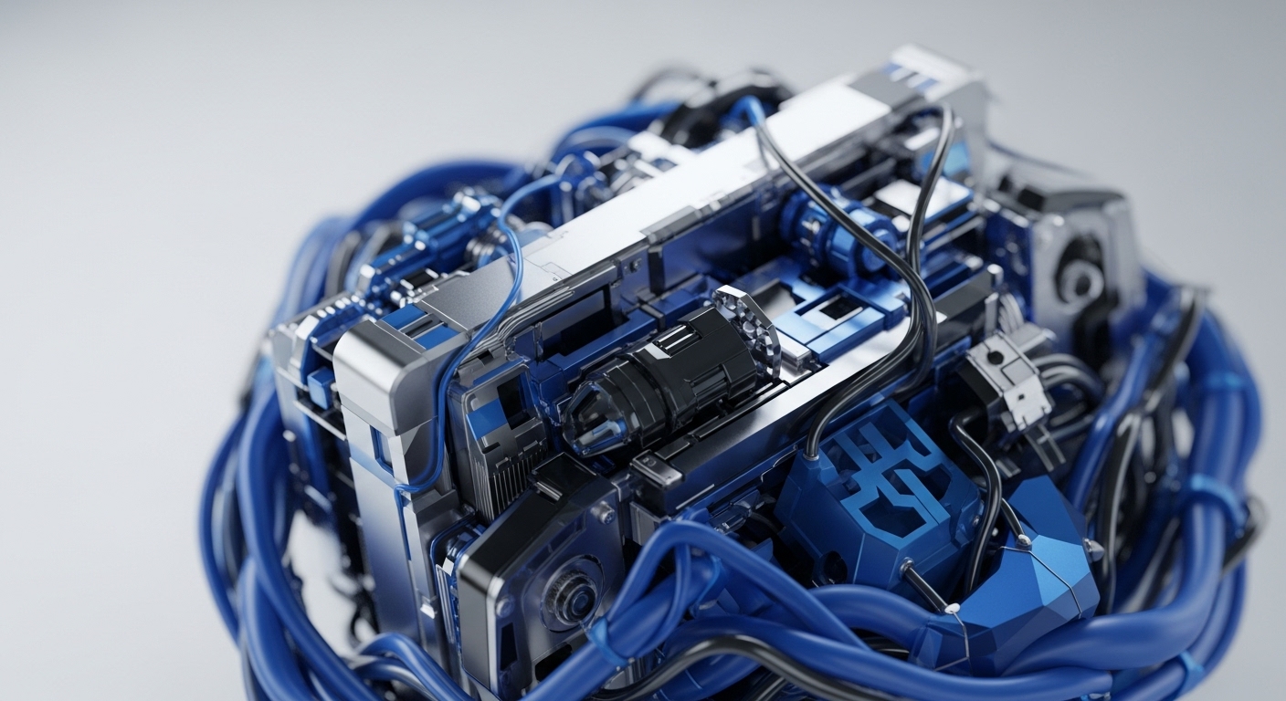 A highly detailed, abstract sculpture features a dense assembly of metallic structures in shades of electric blue and polished silver. Numerous flexible tubes and cables are intricately interwoven around and through the central mechanism, suggesting a complex system of connections and energy transfer