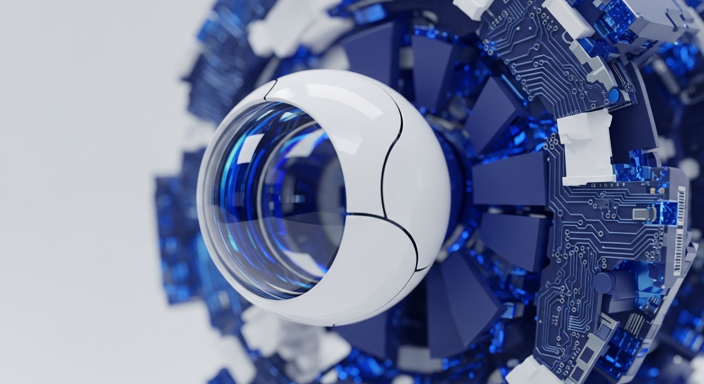 A close-up view showcases a central, glossy white sphere with dark segmented lines, revealing a luminous blue interior with concentric rings. This focal point is enveloped by a complex, multi-layered structure composed of sharp, dark blue geometric facets and intricate, visible circuit board patterns