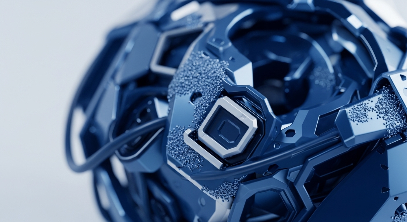 The intricate, deep blue metallic sphere showcases a sophisticated assembly of hexagonal plates and fine granular textures, indicative of advanced engineering. This imagery powerfully symbolizes the underlying infrastructure of decentralized finance and the evolution of blockchain technology