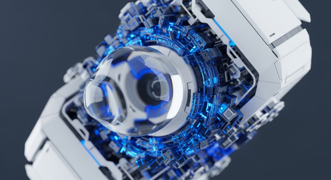 A luminous, intricate digital construct with a central transparent orb pulses with electric blue light. Surrounding it are complex, interlocking geometric components, evoking the architecture of advanced blockchain technology and decentralized networks