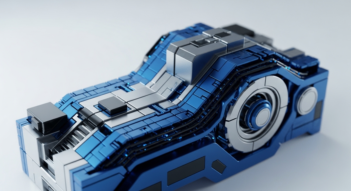A detailed, metallic construct of blue and silver segments forms an intricate, futuristic device. This abstract representation visually translates the complex architecture of decentralized systems and the sophisticated mechanisms driving blockchain innovation