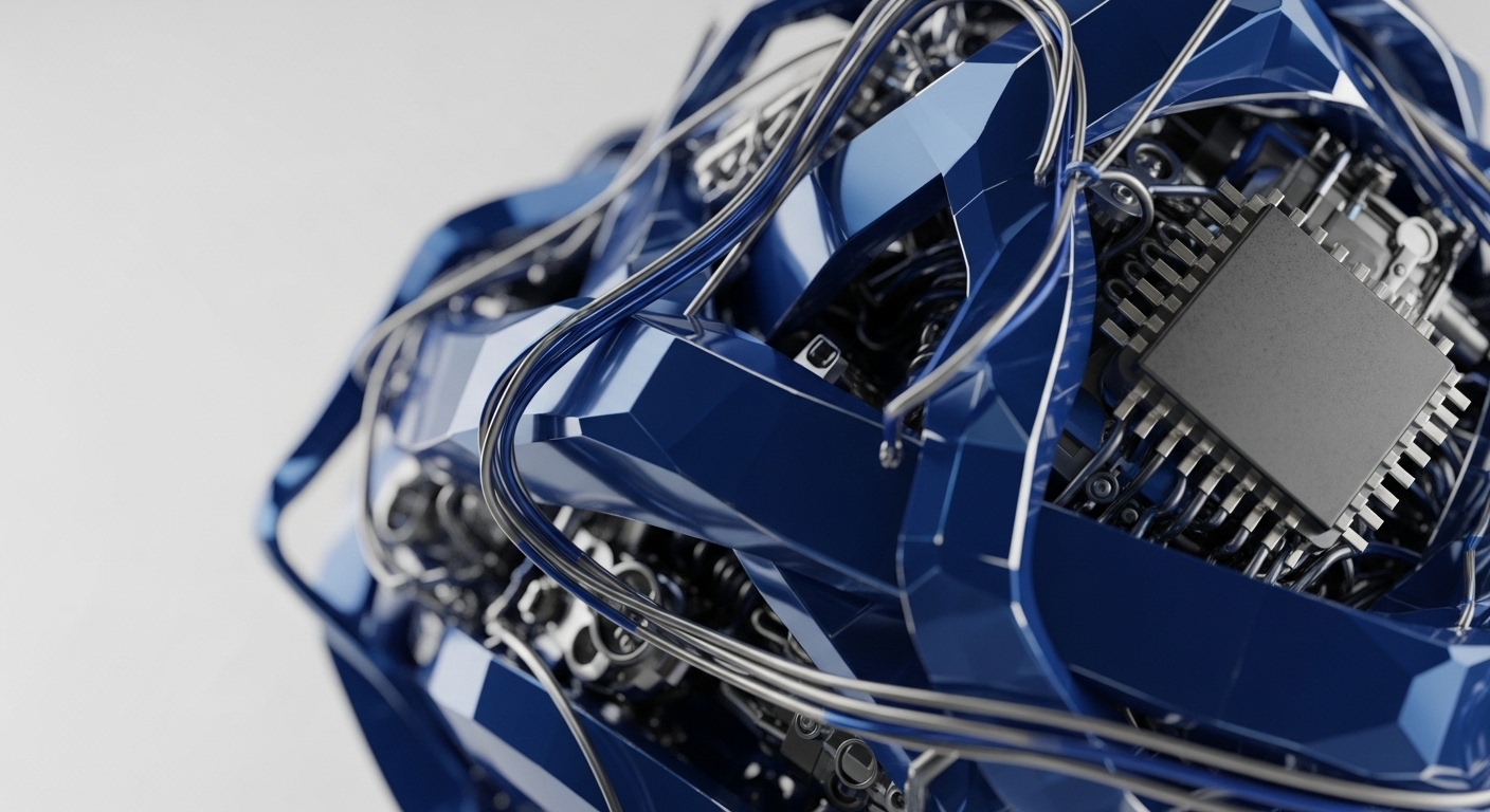 The image showcases a detailed, abstract representation of a deep blue, faceted structure intertwined with metallic wiring and a central, multi-pin integrated circuit. This intricate assembly symbolizes the core processing unit of a decentralized network, highlighting the sophisticated hardware required for advanced cryptographic functions