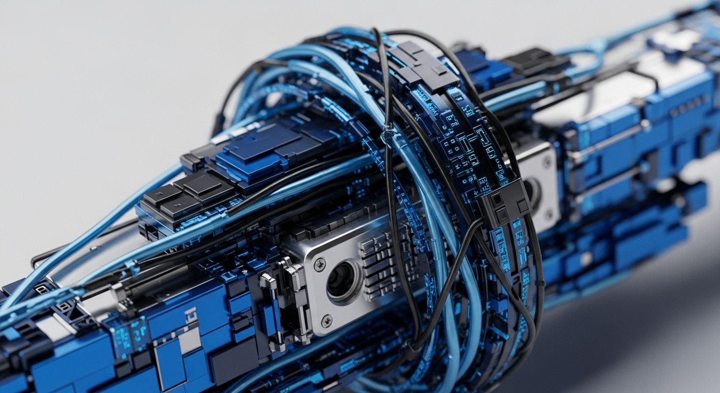 A close-up reveals a dense assembly of blue and black cables intertwined with metallic and blue electronic components, featuring illuminated circuit board patterns. This visual abstraction represents the complex data flow and network architecture inherent in cryptocurrency and blockchain technology