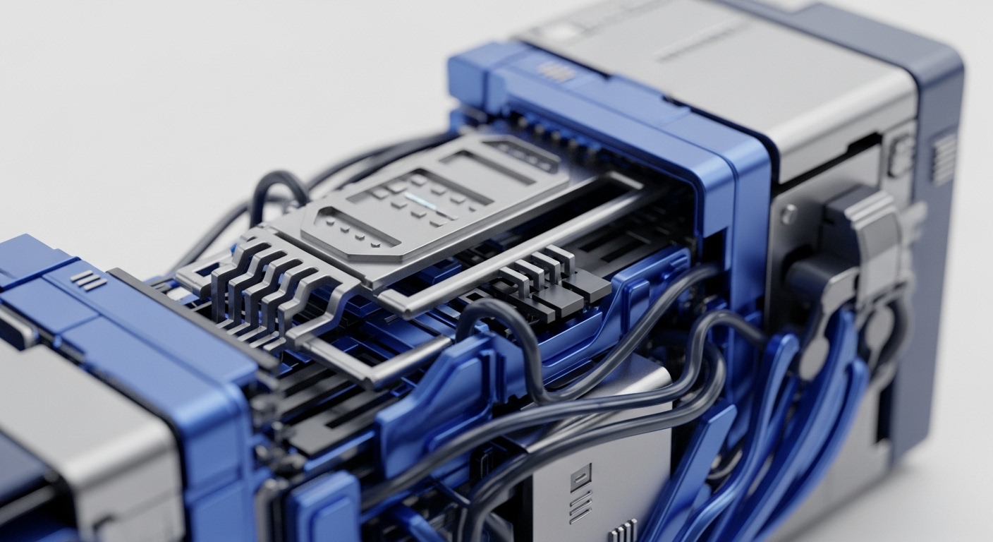 The close-up view reveals a futuristic, metallic construction with prominent blue and silver elements, interwoven with a dense network of black cables. This visual metaphor extends to the core of blockchain technology, illustrating the complex interplay of nodes and data pathways within a cryptocurrency network