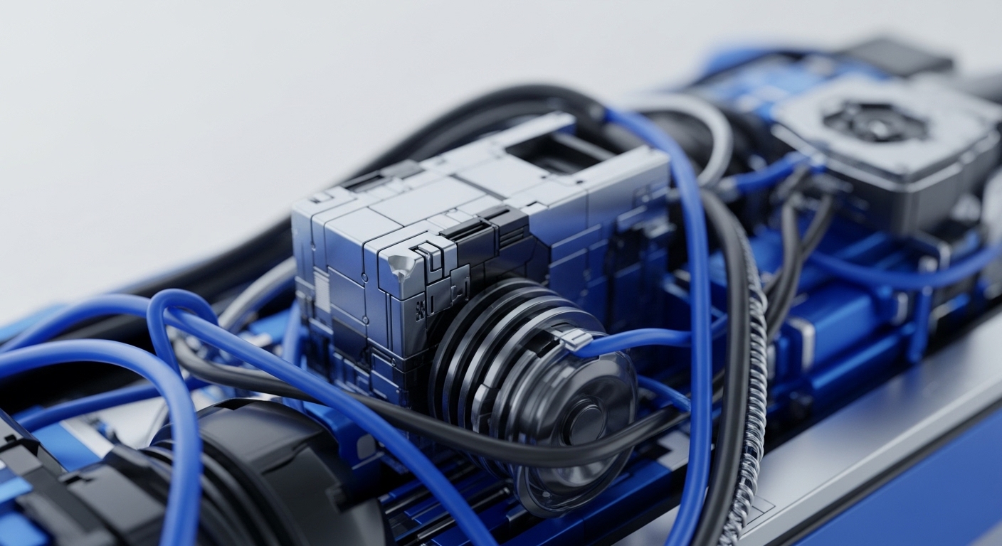 A close-up view reveals a complex assembly of metallic and blue components interwoven with numerous black and blue cables. This intricate structure visually represents the sophisticated hardware and network architecture essential for modern cryptocurrency operations