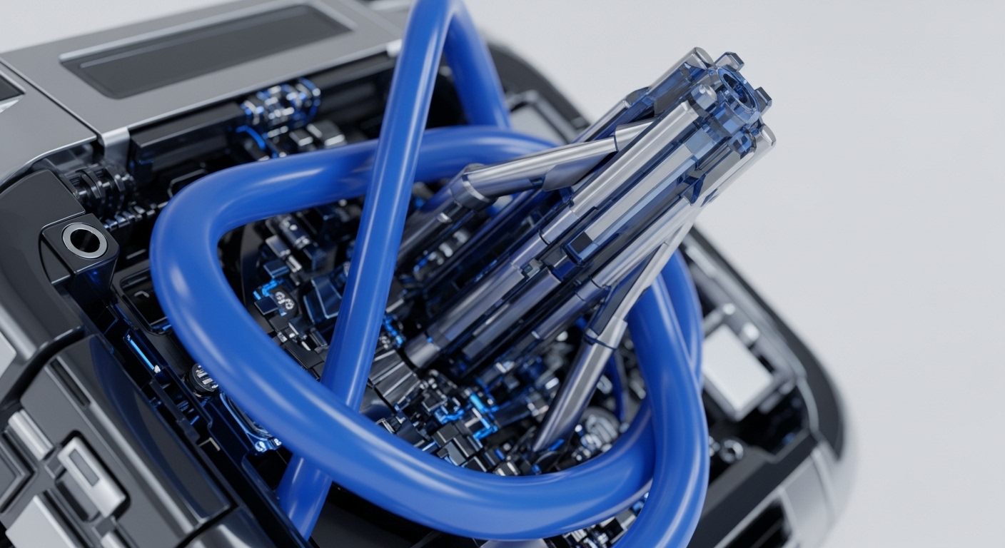 Metallic components and bright blue tubes form a complex, interwoven structure, suggesting sophisticated technological integration. This imagery powerfully represents the underlying mechanisms of the cryptocurrency space, particularly focusing on the intricate workings of blockchain technology and decentralized finance DeFi