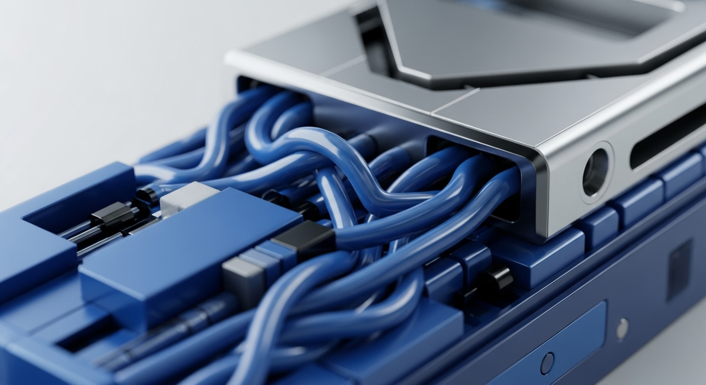 Vivid blue cables, reminiscent of high-speed data transfer lines, converge into a polished silver hardware component, illustrating a sophisticated technological interface. This intricate network design evokes the complex interdependencies within blockchain ecosystems, where secure data flow is paramount for maintaining the integrity of digital assets