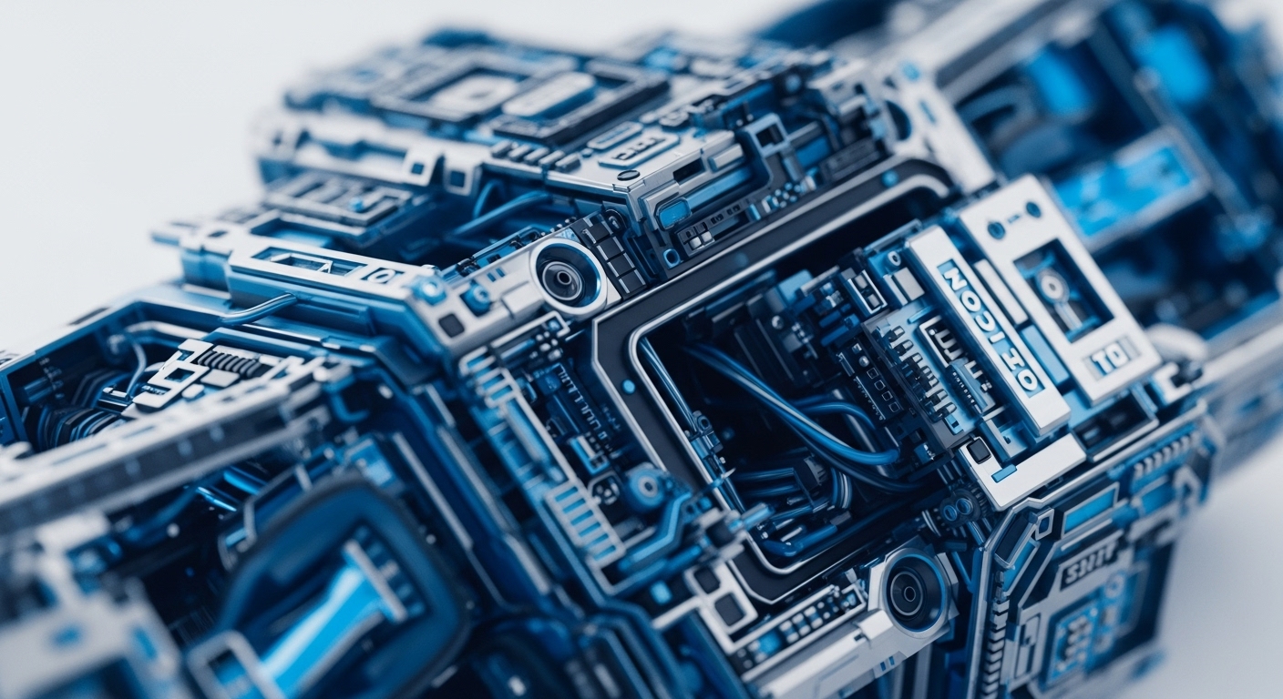 This detailed, abstract depiction showcases a highly complex technological structure with a dominant blue and metallic palette. The interwoven components and conduits evoke the intricate design of a distributed ledger system, representing the core infrastructure of blockchain technology