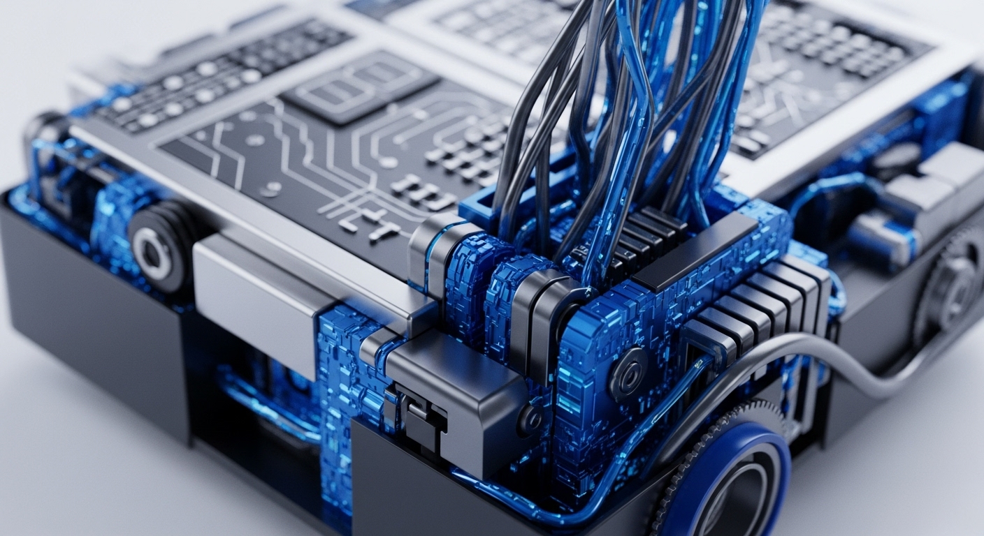 A close-up view reveals a highly detailed, futuristic technological assembly with prominent blue, metallic, and silver components. Intricate circuitry patterns are visible on a flat, grey surface, connected by a multitude of vibrant blue conduits and cables that converge into a central nexus