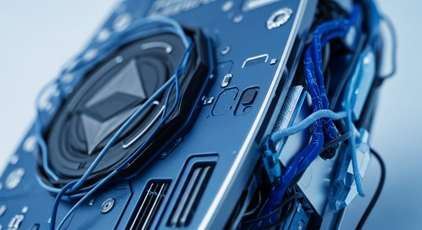 This detailed macro view showcases a complex blue circuit board featuring a prominent fan and an array of connected wires. The intricate design evokes the sophisticated architecture of blockchain technology, illustrating the interconnected nodes and processing power essential for cryptocurrency operations