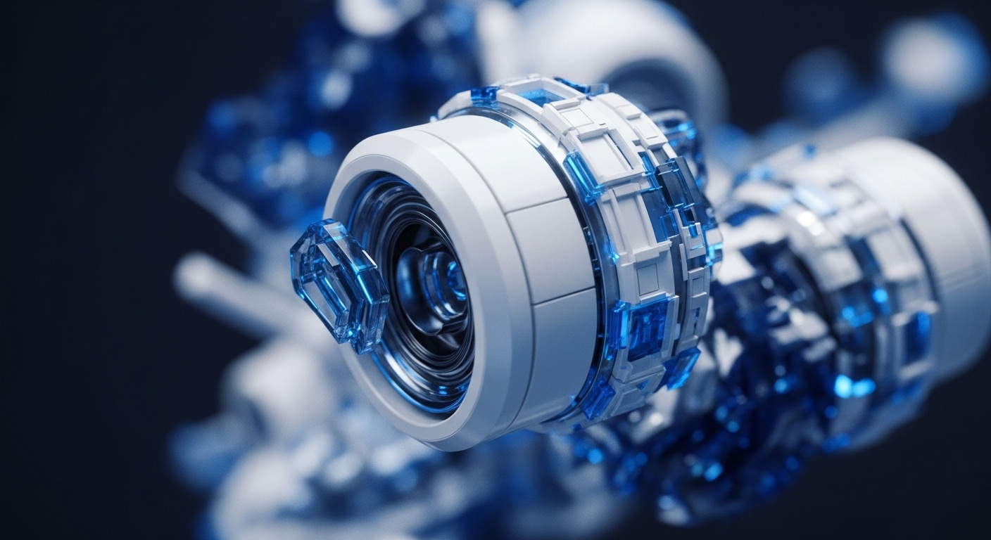 A complex, multi-faceted technological construct rendered in sharp detail, featuring interlocking white and translucent blue geometric elements, is presented against a deep, dark backdrop. This intricate design evokes the core components of a decentralized network, possibly representing a sophisticated node within a blockchain ecosystem